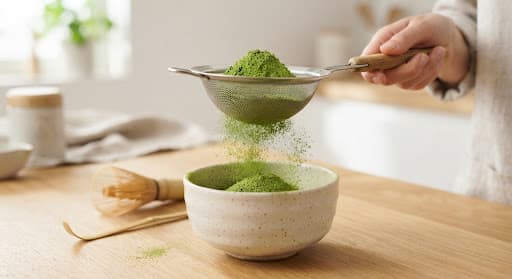 Preparing a bowl of matcha with a bamboo chasen